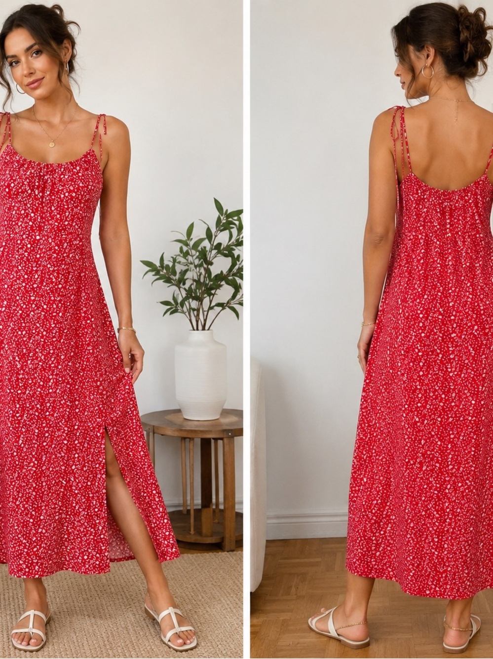 Sarah Red Floral Tie-Strap Midi Dress with Side Slit